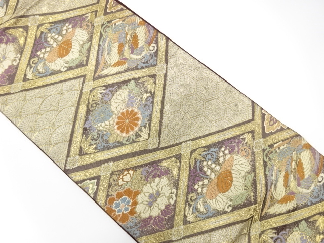 菱に鳳凰・桐・菊模様織り出し　袋帯